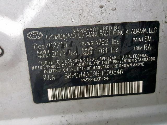 5NPDH4AE9BH009846 - 2011 HYUNDAI ELANTRA GL SILVER photo 10