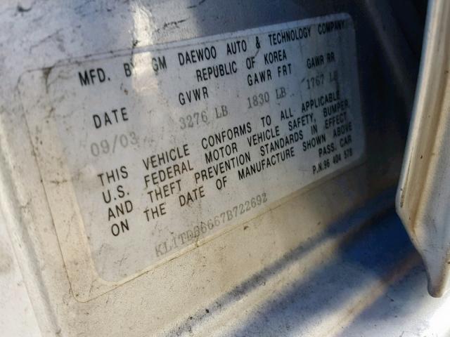 KL1TD66667B722692 - 2007 CHEVROLET AVEO BASE ვერცხლისფერი ფოტო 10