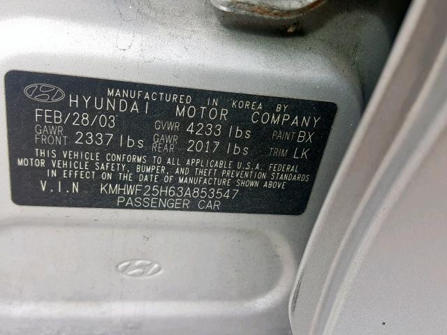 KMHWF25H63A853547 - 2003 HYUNDAI SONATA GL SILVER photo 10