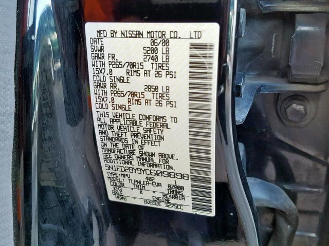 5N1ED28Y9YC609898 - 2000 NISSAN XTERRA XE BLACK photo 10