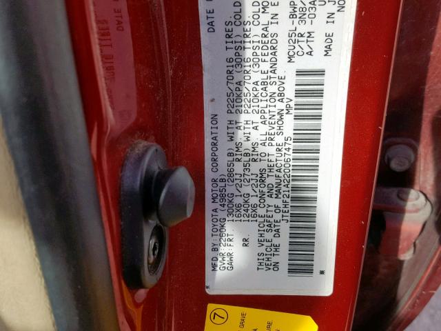 JTEHF21A220067475 - 2002 TOYOTA HIGHLANDER RED photo 10