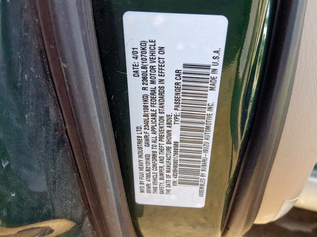 4S3BH806017669589 - 2001 SUBARU LEGACY OUT GREEN photo 10