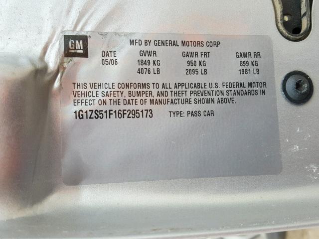 1G1ZS51F16F295173 - 2006 CHEVROLET MALIBU LS SILVER photo 10