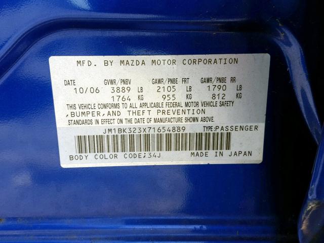 JM1BK323X71654889 - 2007 MAZDA 3 S BLUE photo 10