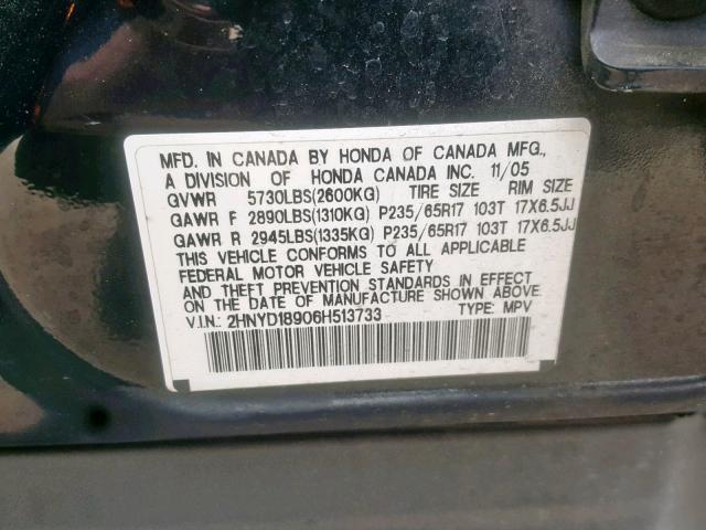 2HNYD18906H513733 - 2006 ACURA MDX TOURIN BLACK photo 10