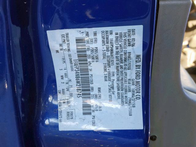 1FAFP34N86W218745 - 2006 FORD FOCUS ZX4 BLUE photo 10