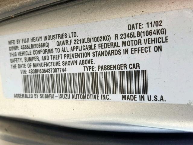 4S3BH635437307744 - 2003 SUBARU LEGACY L SILVER photo 10