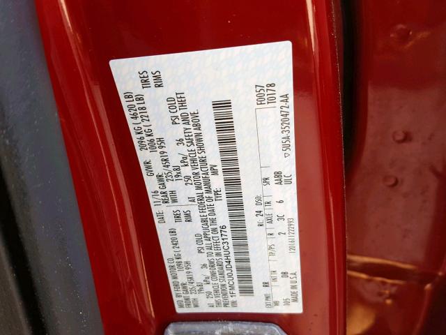 1FMCU0JD4HUC31776 - 2017 FORD ESCAPE TIT RED photo 10