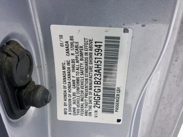 2HGFG1B23AH515941 - 2010 HONDA CIVIC DX SILVER photo 10