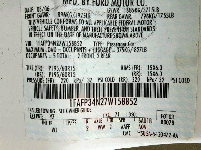 1FAFP34N27W158852 - 2007 FORD FOCUS ZX4 WHITE photo 10