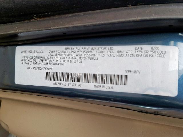 4S4BP61C067306028 - 2006 SUBARU LEGACY OUT BLUE photo 10