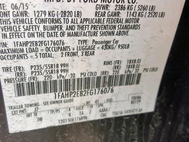 1FAHP2E82FG176076 - 2015 FORD TAURUS SEL GRAY photo 10