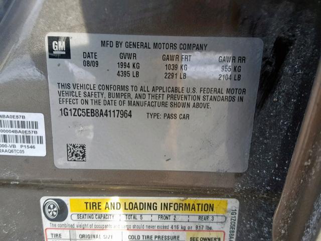 1G1ZC5EB8A4117964 - 2010 CHEVROLET MALIBU 1LT TAN photo 10