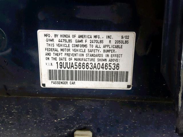 19UUA56663A046536 - 2003 ACURA 3.2TL BLUE photo 10