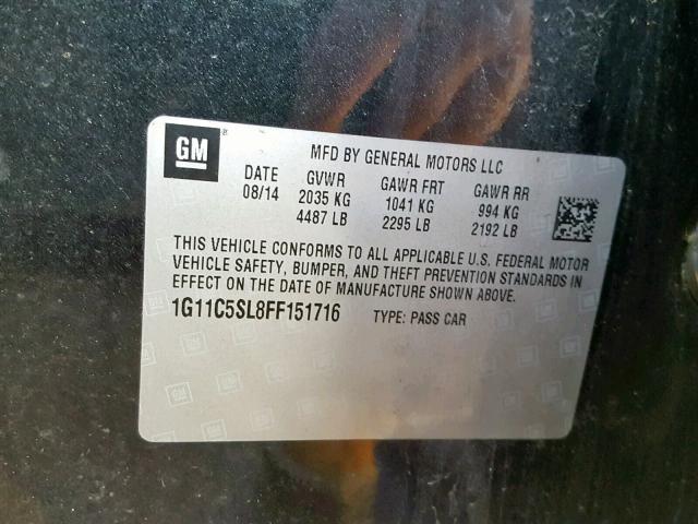 1G11C5SL8FF151716 - 2015 CHEVROLET MALIBU 1LT ნაცრისფერი ფოტო 10