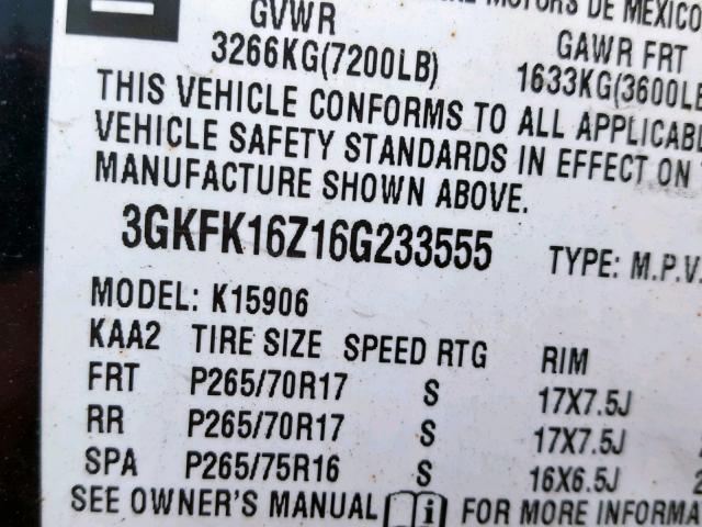 3GKFK16Z16G233555 - 2006 GMC YUKON XL K BLACK photo 10