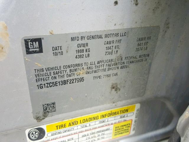 1G1ZC5E13BF227995 - 2011 CHEVROLET MALIBU 1LT 银色 照片 10