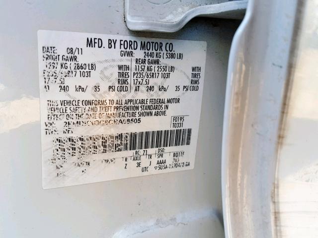 2FMDK3GC8CBA08505 - 2012 FORD EDGE SE WHITE photo 10