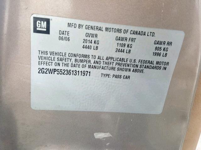 2G2WP552361311971 - 2006 PONTIAC GRAND PRIX TAN photo 10