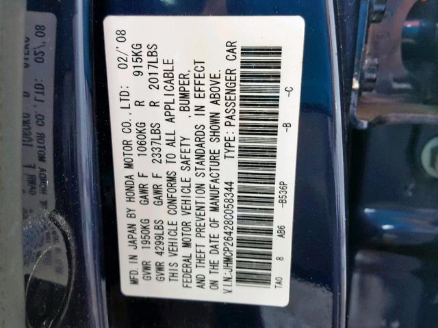 JHMCP26428C058344 - 2008 HONDA ACCORD LXP BLUE photo 10