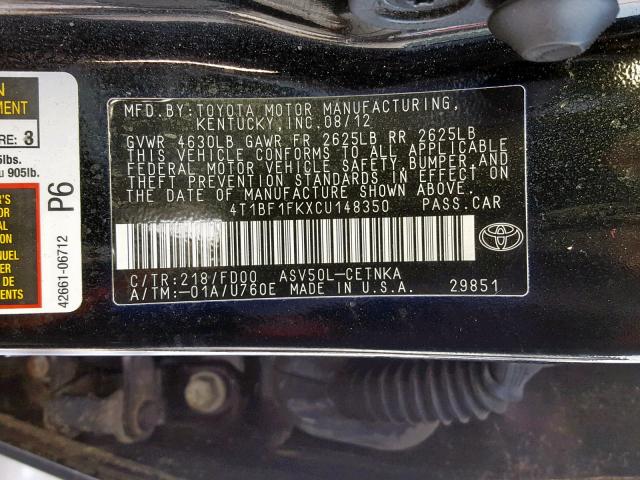 4T1BF1FKXCU148350 - 2012 TOYOTA CAMRY BASE BLACK photo 10