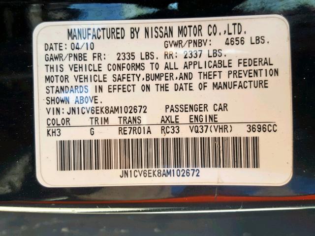 JN1CV6EK8AM102672 - 2010 INFINITI G37 BASE BLACK photo 10