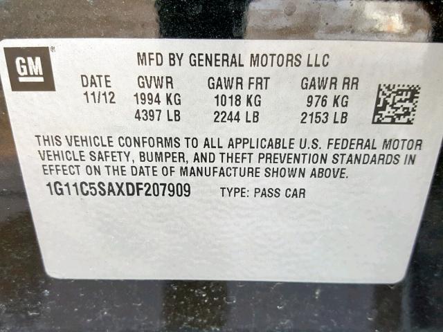 1G11C5SAXDF207909 - 2013 CHEVROLET MALIBU 1LT BLACK photo 10