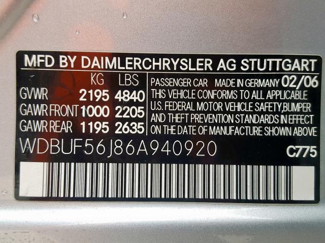 WDBUF56J86A940920 - 2006 MERCEDES-BENZ E 350 SILVER photo 10