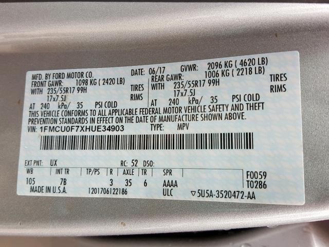 1FMCU0F7XHUE34903 - 2017 FORD ESCAPE S SILVER photo 10