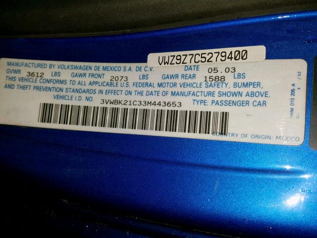 3VWBK21C33M443653 - 2003 VOLKSWAGEN NEW BEETLE ლურჯი ფოტო 10