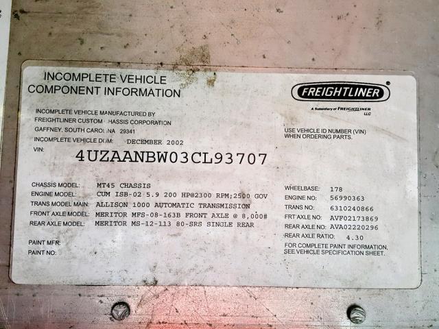 4UZAANBW03CL93707 - 2003 FREIGHTLINER CHASSIS M WHITE photo 10