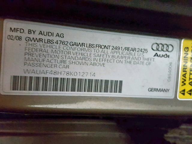 WAUAF48H78K012714 - 2008 AUDI A4 2.0T CA GOLD photo 10