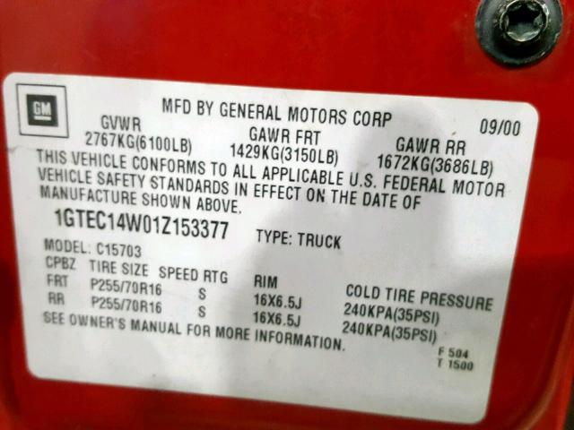 1GTEC14W01Z153377 - 2001 GMC NEW SIERRA RED photo 10