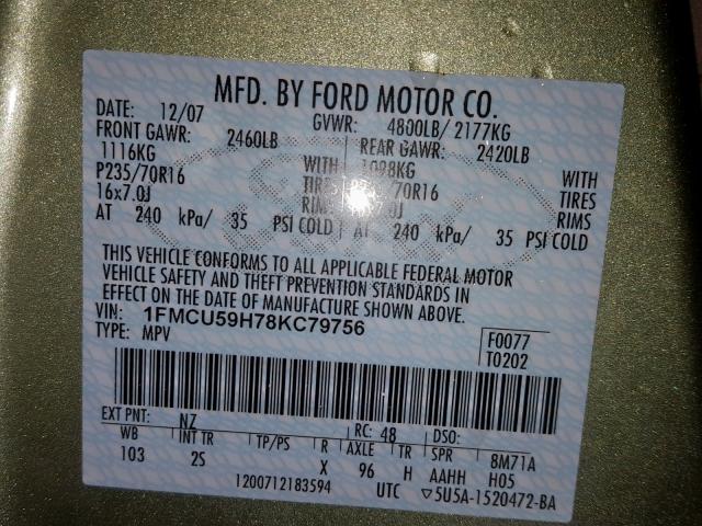 1FMCU59H78KC79756 - 2008 FORD ESCAPE HEV GREEN photo 10