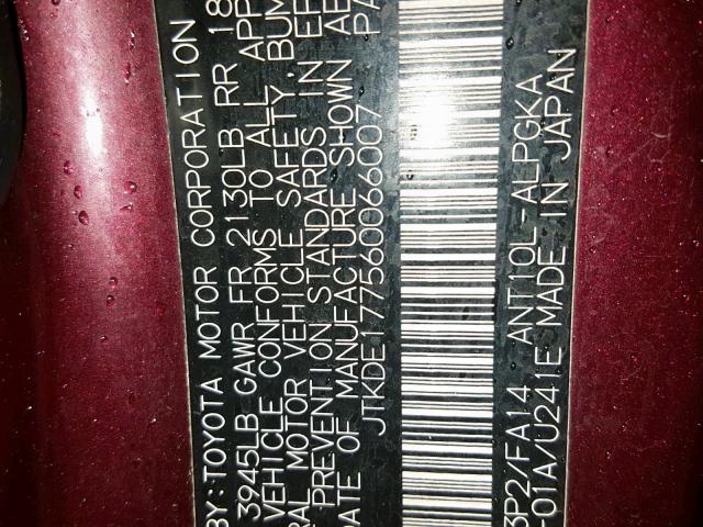 JTKDE177560066007 - 2006 TOYOTA SCION TC 栗色 照片 10