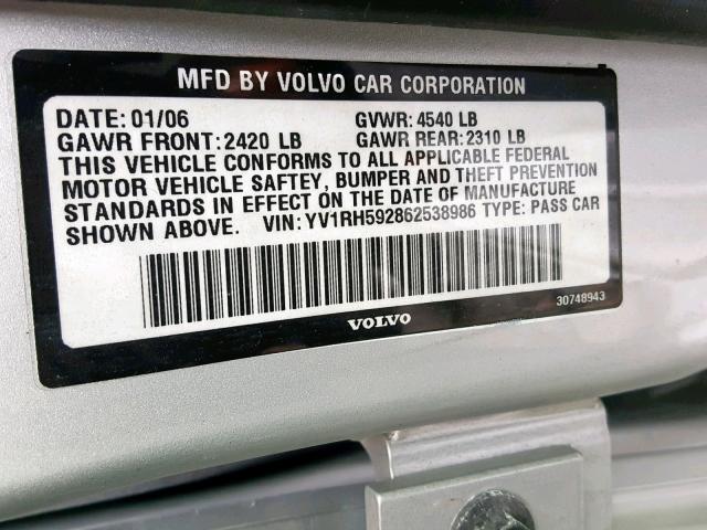 YV1RH592862538986 - 2006 VOLVO S60 2.5T SILVER photo 10