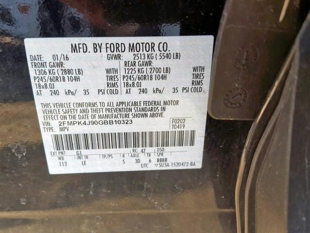 2FMPK4J90GBB10323 - 2016 FORD EDGE SEL BLACK photo 10