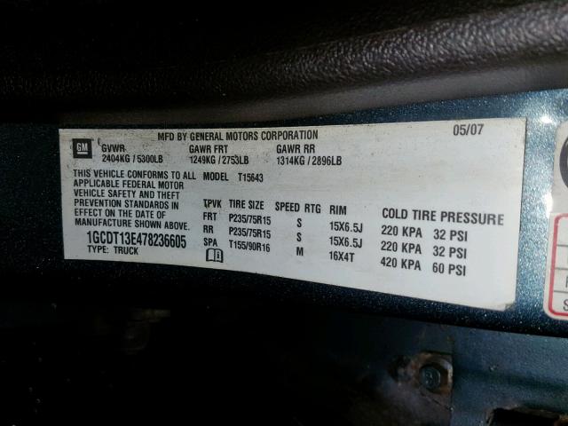 1GCDT13E478236605 - 2007 CHEVROLET COLORADO BLUE photo 10