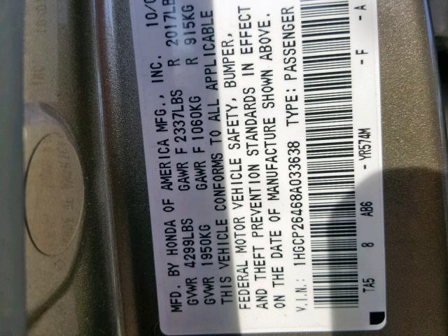 1HGCP26468A033638 - 2008 HONDA ACCORD LXP GOLD photo 10