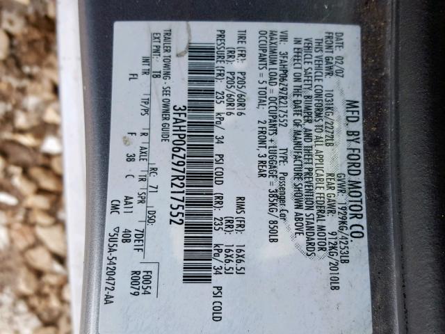 3FAHP06Z97R217552 - 2007 FORD FUSION S GRAY photo 10