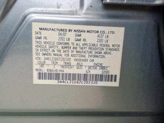 1N4CL21E67C202320 - 2007 NISSAN ALTIMA HYB GREEN photo 10