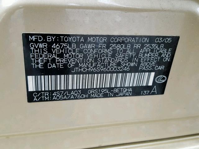 JTHCH96S960003246 - 2006 LEXUS GS GENERAT BEIGE photo 10