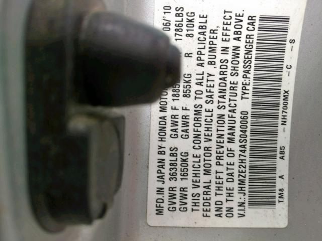 JHMZE2H74AS040060 - 2010 HONDA INSIGHT SILVER photo 10