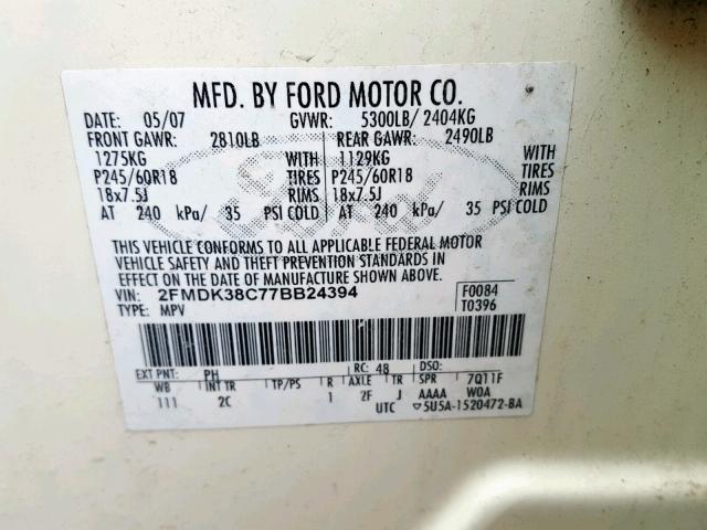 2FMDK38C77BB24394 - 2007 FORD EDGE SEL CREAM photo 10