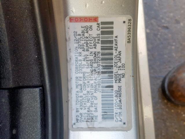 JTHBD192830072378 - 2003 LEXUS IS 300 SILVER photo 10