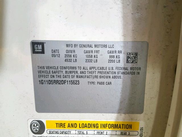 1G11D5RR2DF115623 - 2013 CHEVROLET MALIBU 1LT თეთრი ფოტო 10