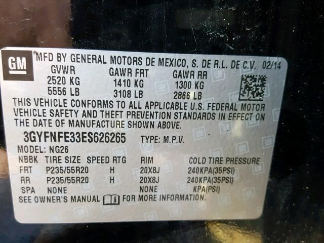 3GYFNFE33ES626265 - 2014 CADILLAC SRX PERFOR BLACK photo 10