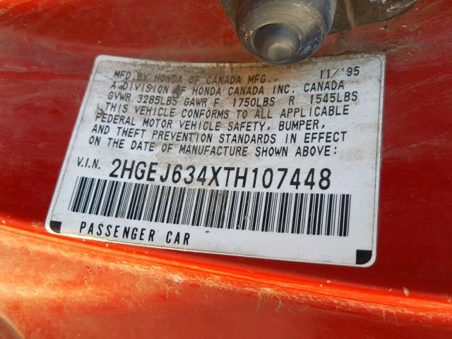 2HGEJ634XTH107448 - 1996 HONDA CIVIC DX RED photo 10