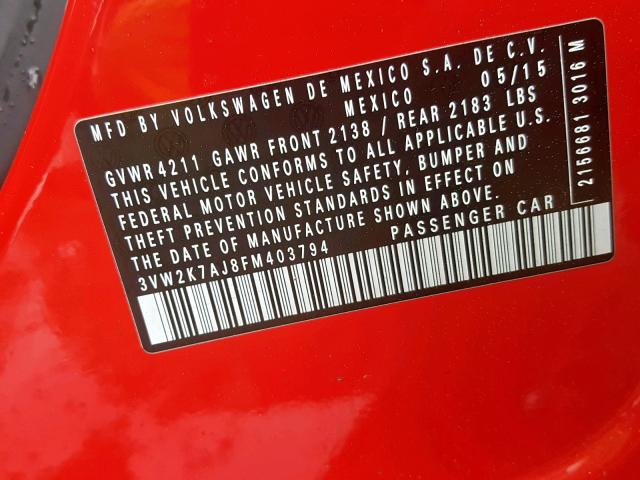 3VW2K7AJ8FM403794 - 2015 VOLKSWAGEN JETTA BASE RED photo 10