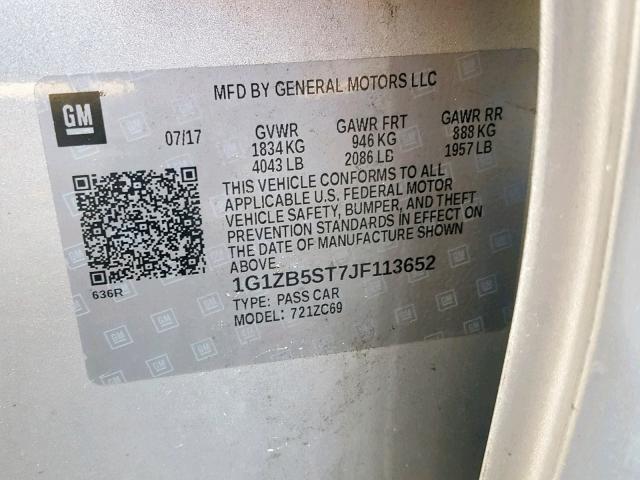 1G1ZB5ST7JF113652 - 2018 CHEVROLET MALIBU LS SILVER photo 10